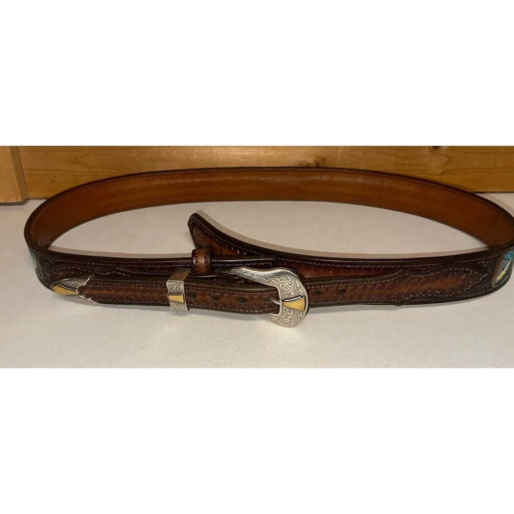 Vintage Handcrafted Belt Tooled Fish Mens 48 1996 By Chris Russell Double Tongue